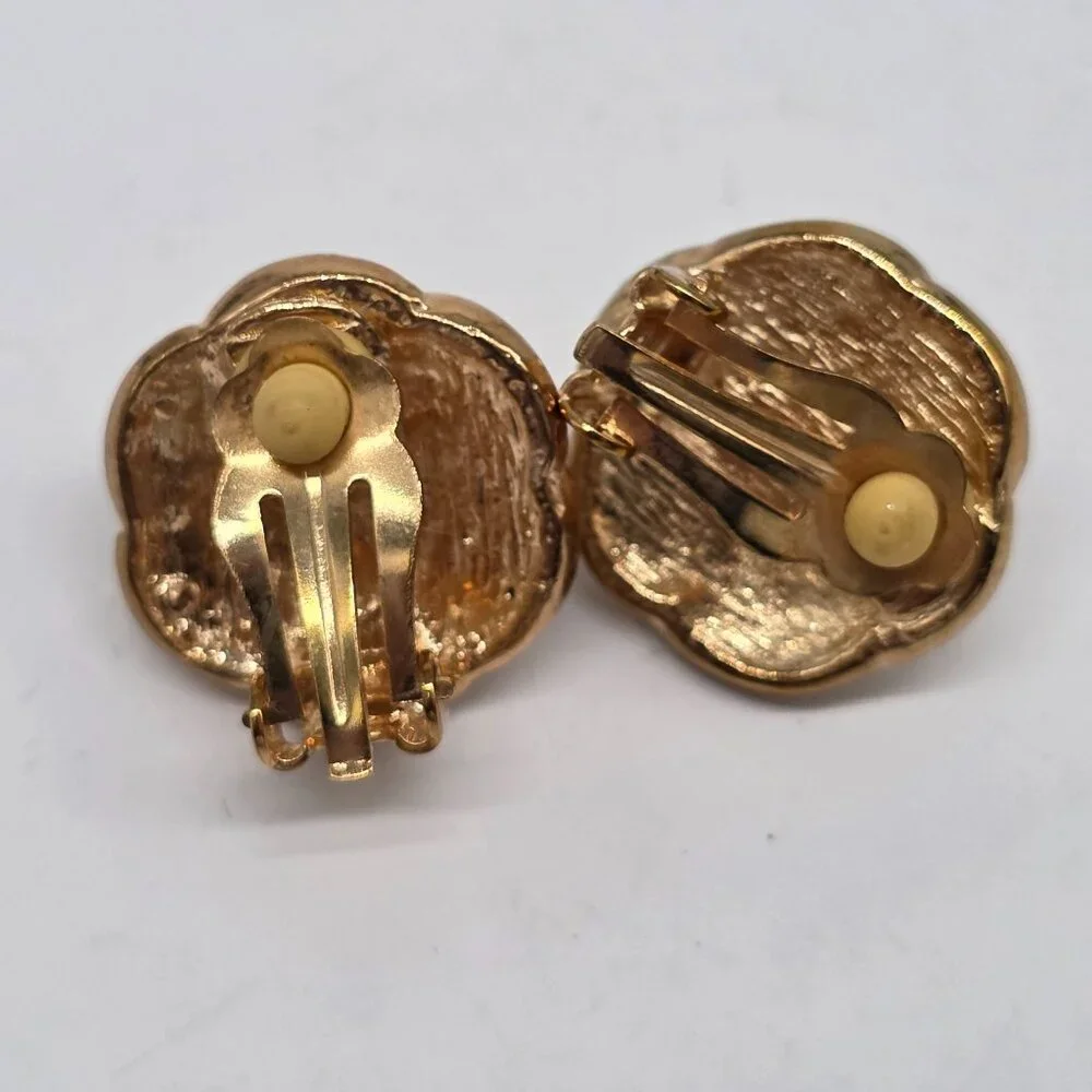 Vintage Roman Gold-Tone Faux Pearl & Crystal Clip-On Earrings 3/4" - Picture 5 of 7